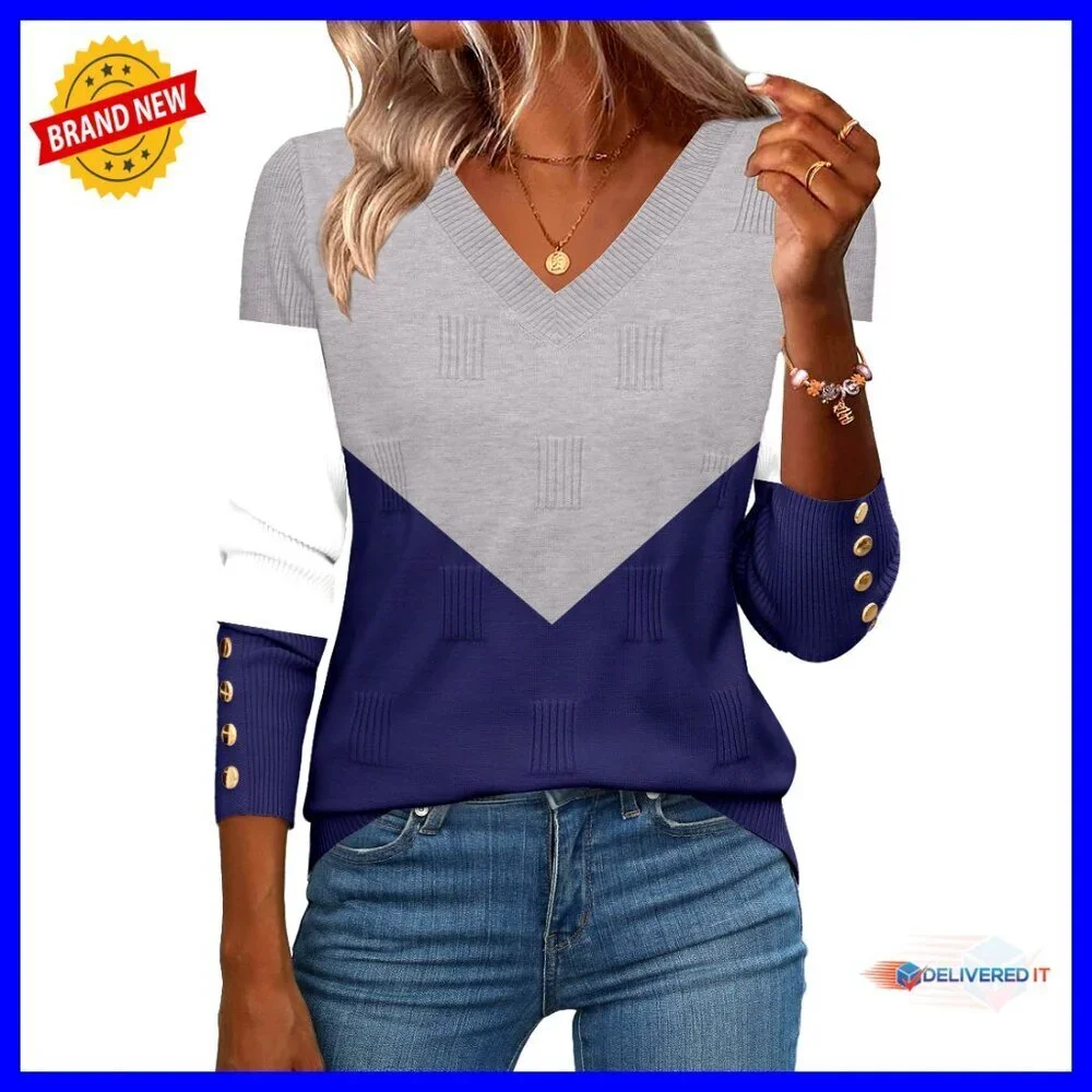 V-Neck Ribbed Knit Pullover Sweater Lightweight Long Sleeve Button Cuff Blouse